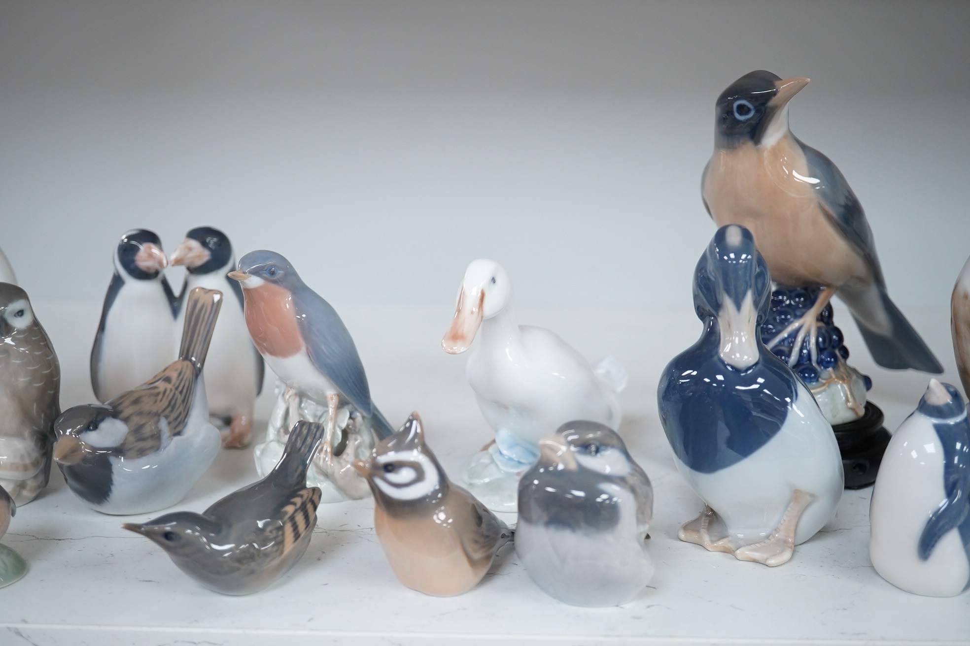 A collection of sixteen Royal Copenhagen models of birds. Tallest a Kingfisher, 18cm high. Condition - the robin is chipped on the tail the rest appear good